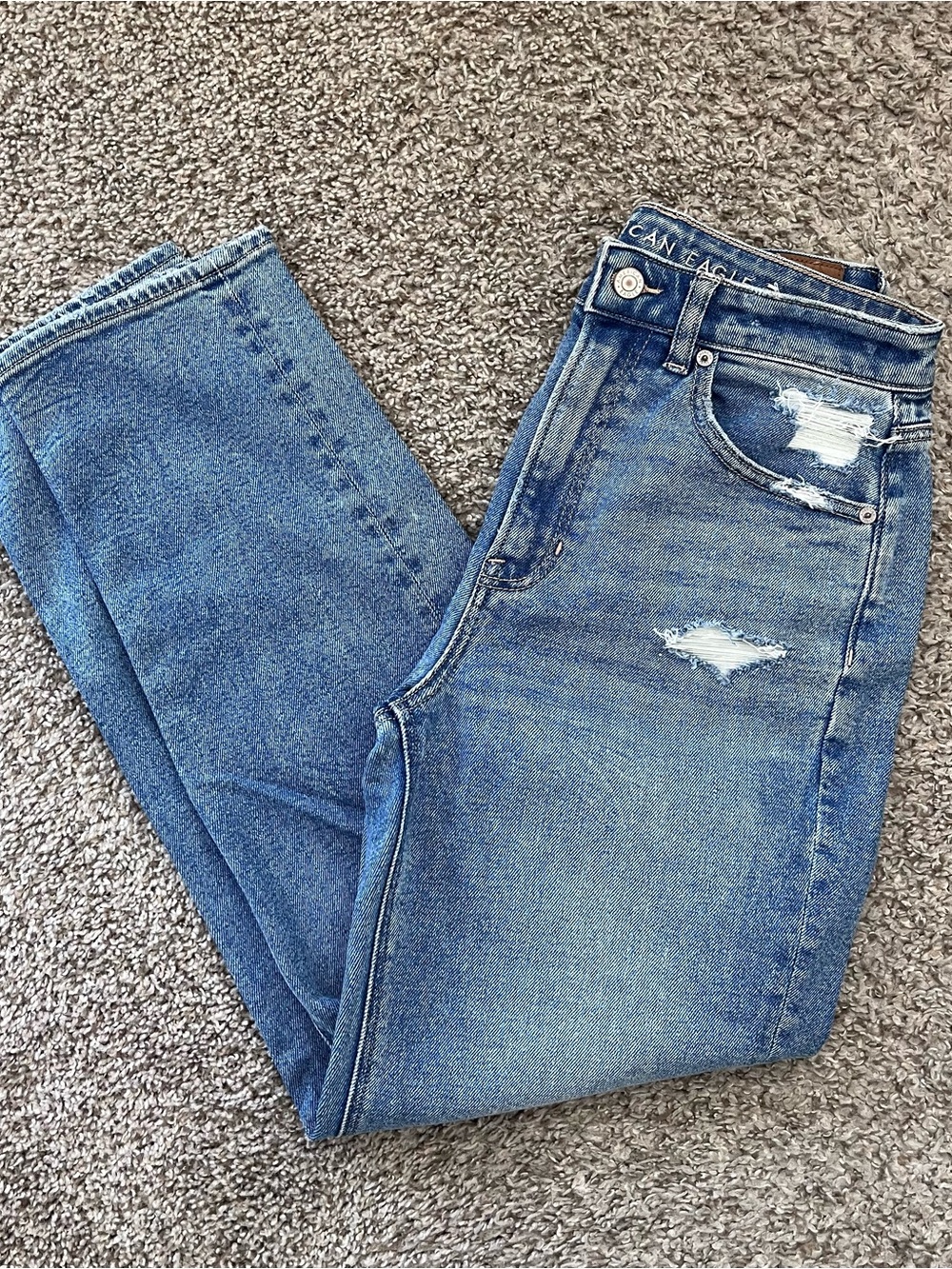 American Eagle Outfitters Light Blue High-Rise Distressed Mom Jeans